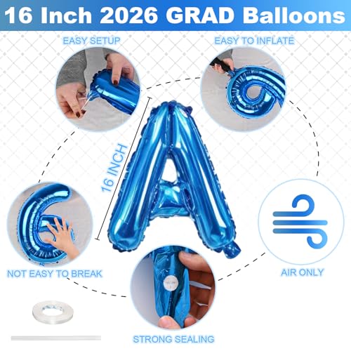 Image of Blue 2026 GRAD Congrats Balloons, 16 Inch Matte Blue Grad Foil Balloons Banner Sign for Graduation Decorations 2026, College High School Class of 2026 Graduate Congratulations Party Decor Supplies