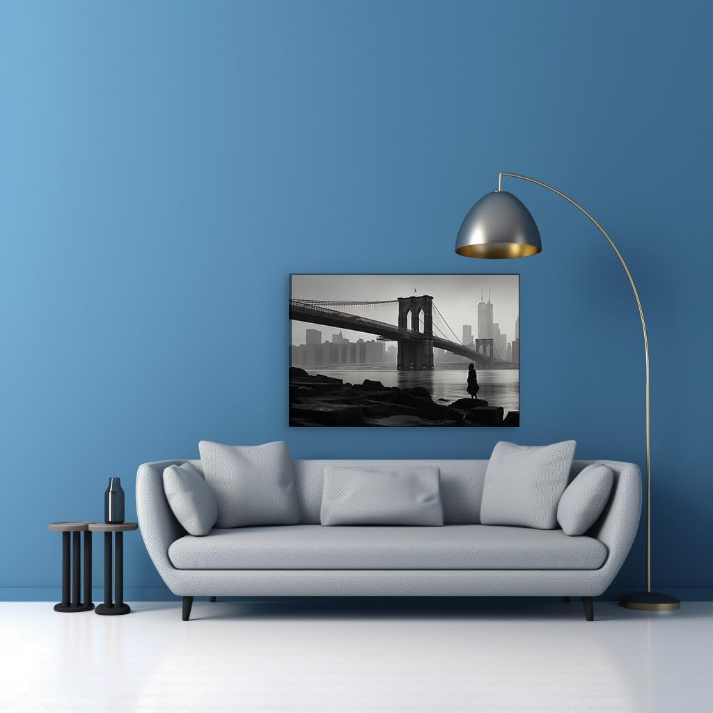 Canvas for Living room. Solitude in Silhouette: The Lone Observer and the Brooklyn Bridge Panorama, 27 x 18 inch Canvas Wall Art - Ready to Hang