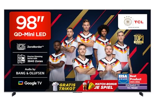 TCL 98Q8C 98 Zoll QD-Mini LED Fernseher 4K HDR Premium 5000 ZeroBorder Smart Google TV CrystGlow WHVA-Panel Audio von Bang & Olufsen 144Hz Motion Clarity Pro Dolby Vision IQ & Atmos
