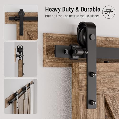 Image of CCJH 9FT Sliding Barn Door Hardware Kit, Heavy Duty, Smoothly and Quietly, Easy to Install, Fit 27 inch Width Double Door Panel, Basic Style Hangers Black