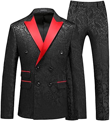MOGU Mens 2 Piece Double Breasted Tuxedo Slim Fit Jacquard Floral Vintage Groomsmen Wedding Prom Suit Blazr 40 / Pants 36 Black