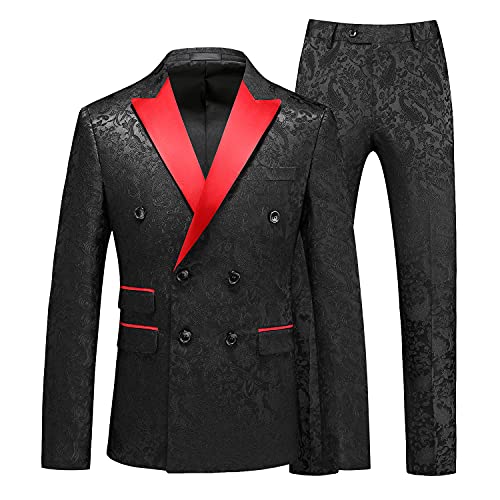 MOGU Mens 2 Piece Double Breasted Tuxedo Slim Fit Jacquard Floral Vintage Groomsmen Wedding Prom Suit