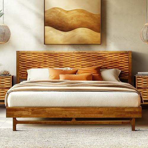Image of Acacia Elara Queen Platform Bed Frame - Mid-Century Modern Style, Carved Headboard, Solid Wood, Caramel Finish, No Box Spring, 800lbs Support, Easy Assembly with Tools Included