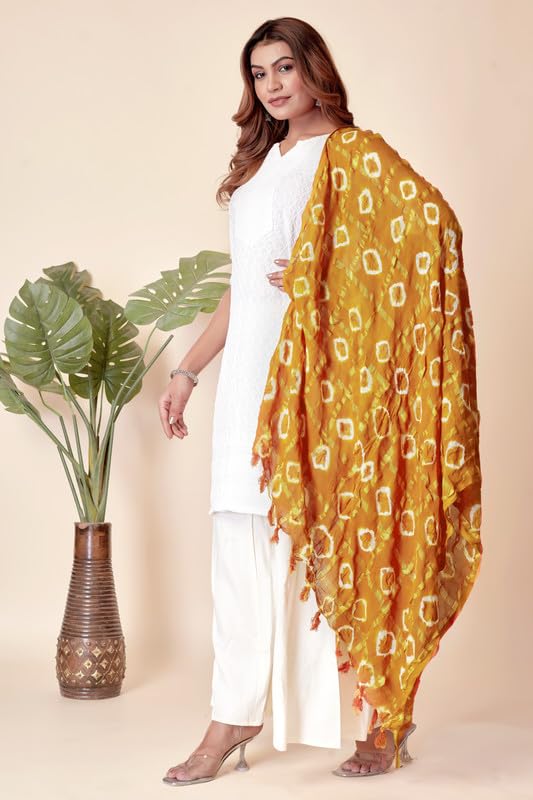 Image of Women Bandhani Dupatta | Traditional Chunri Print with Decorative Border | Lightweight Ethnic Stole for Festive and Wedding Wear