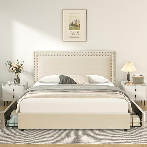 Vecelo FULL SIZE UPHOLSTERED BED FRAME Full Size Upholstered Platform Bed Frame With 4 Storage Drawers thumb #2