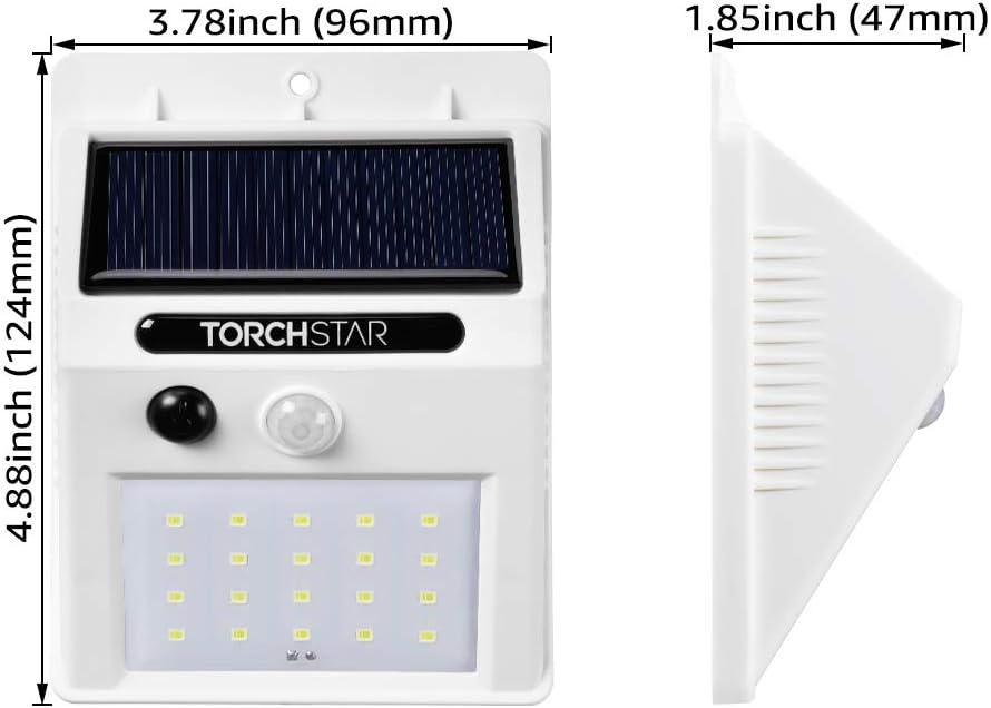 TORCHSTAR Outdoor LED Solar Powered Motion Sensor Light, IP65 Waterproof Cordless Outdoor Wall Lighting for Driveway, Patio, Garage, Porch, 6500K Pure White, White, Pack of 4