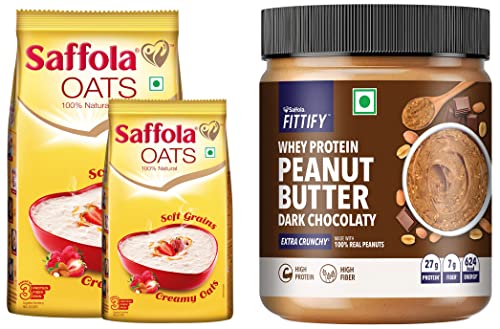 Image of Saffola Oats | Rolled Oats | Delicious Creamy Oats | 1Kg with 400g Free & Saffola FITTIFY Whey Protein Peanut Butter | Dark Chocolaty | 200g
