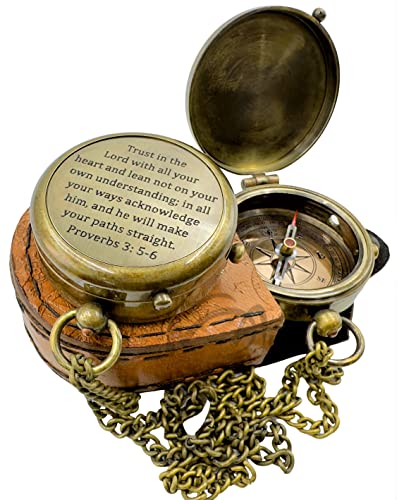 MAH Trust in The Lord with All Your Heart Proverbs 3: 5-6 Quote Handmade Compass Engraved Scripture Prayer Compass Religious Gift for Men & Women.Baptism Confirmation Communion Compass for Boys