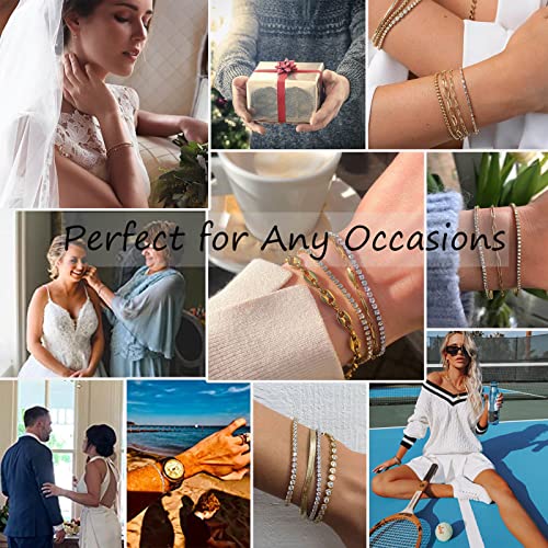 5 Pcs Gold Bracelets For Women Teen Girls, 14K Real Gold Plated Adjustable Cubic Zirconia Dainty Tennis Anklet Bracelets Pack, Classic Bracelets Aesthetic Jewelry For Gift #TOP4