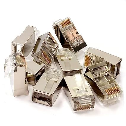 Techlines Shielded RJ45 Cat6 Cat 6A Connectors - Pass Through Connector Gold Plated 3 Prong 8P8C Modular Plugs for FTP/STP Stranded Ethernet Cable & Solid Wire 23AWG (Pack of 10)