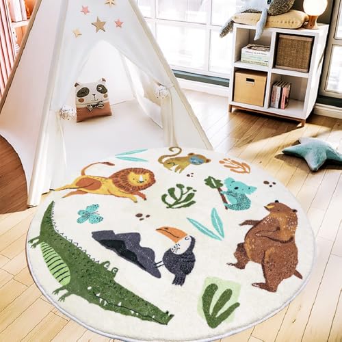 Round Rug, Cute Animals Large Non Slip Super Soft Plush Area Rug for Kids Room Playroom Nursery Bedroom, Educational Washable Circular Floor Mat for Home Room Decorative 100 X 100cm (White)