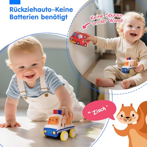 Hahaland Baby Spielzeug 6 12 Monate,4 Stück Spielzeugautos Set, Plüsch Pull-Back & Go Autospielzeug mit Spielmatten,Montessori Auto Spielzeug für 1 2 3 Jahr Jungen Mädchen,Geschenk für Kinder