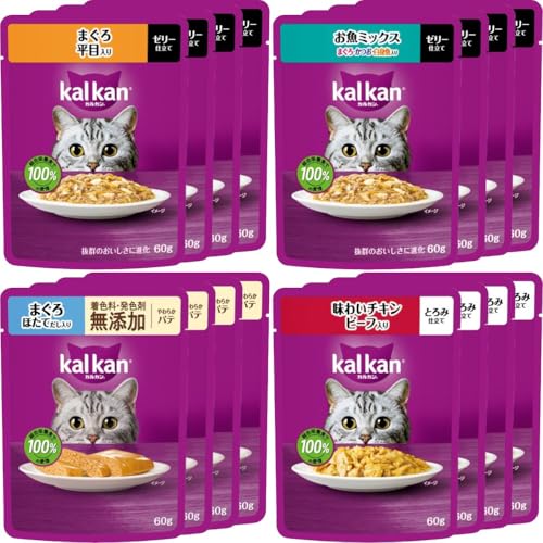 カルカン パウチ 1歳から 60g×16袋(4種×4袋) ゼリー・パテタイプ お魚・お肉バラエティ [まぐろ・お魚ミックス・やわらかパテまぐろ・味わいチキン] 成猫用 ウェットフード キャットフード 総合栄養食 水分補給 毎日食べることを考えたウェット 猫 kal kan 新カルカン アソート【メール便】のサムネイル