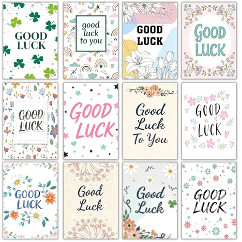 12 Pack Good Luck Cards for Students with White Envelopes and Clover Stickers Motivational Cards Set 12 Unique Designs for Graduation Leavers Teacher Congratulations Goodbye