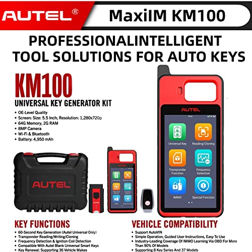 Autel MaxiIM KM100 Key Fob Programming Tool, Lifetime Free Updates, 2024 Newest Lite of IM508 IM608 Key Programmer, 99% OBD IMMO Keys, 60s Key Creation, with 2PCS Smart IKEYs, Chip Read Write Clone