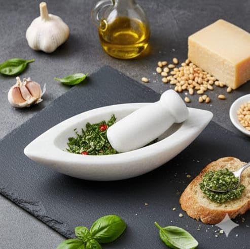 Image of Marble Mortar and Pestle Set Stone, Khalbatta, Kharal, Okhli, Imamdasta, Musal, Masher, Mixer, Idikallu, Silbatta for Kitchen Boat Shape 7 Inch