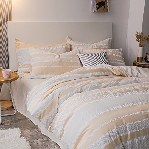 Merryfeel Seersucker Duvet Cover Set Queen Size,100% Cotton Seersucker Textured Striped Bedding Set,3 Pieces(1 Duvet Cover With 2 Pillowshams) - Light Yellow #TOP2