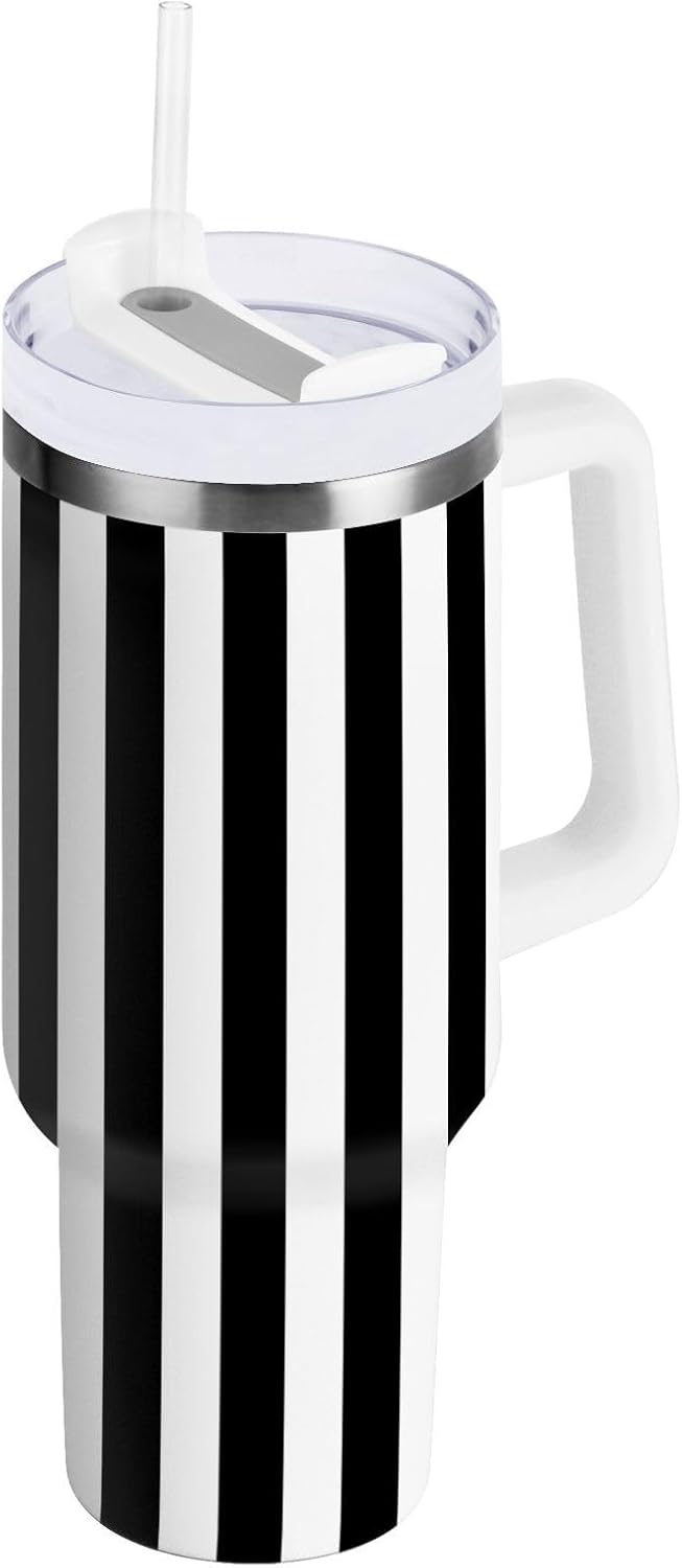 Tumbler Black White Stripes Cute Travel Mug Coffee Cup Water Bottle Beverage Container Stainless Steel Insulated Mega Cup for Hot Cold Drink Cupholder Friendly 40 oz - Image 2