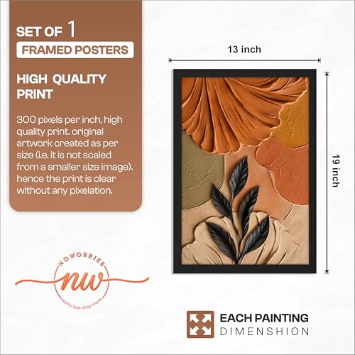 Image of NoWorries 3D Abstract Leaf Wall Painting with Frame Set of 1 | Premium Textured Black Leaf Artwork, Earthy Terracotta Botanical Wall Decor for Living Room, Bedroom, Office and Home Decoration (3d Art-15,13x19inch)