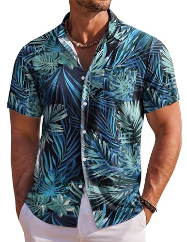 COOFANDY Shirts for Men Short Sleeve Hawaiian Shirt Casual Button Up Shirt Mens Cruise Shirt, Blue & Green - Leaf, Large