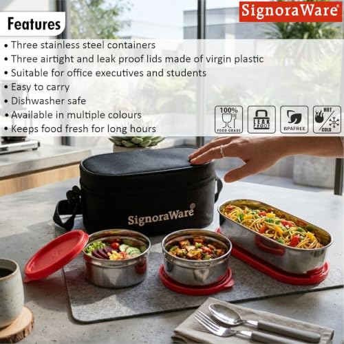 Image of SignoraWare Mini Double Decker Stainless Steel Lunch Box,(225ml+225ml+450ml, Red), Dishwasher Safe, Retains Freshness & Quality, Best for Office Executives & Students, Picnics and Outings