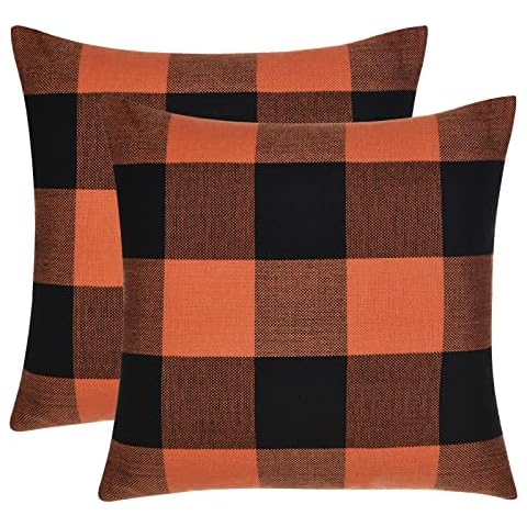 Tosewever Set of 2 Buffalo Check Plaid Pillow Covers, Farmhouse Rustic Pillow Cases, Cotton Linen Throw Pillow Covers Cushion Case for Home Decor Car Bed Sofa Couch (20" x 20", 2 Pack Orange & Black) Cover