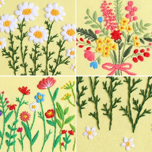 Image of Louise Maelys 3 Sets Flowers Embroidery Kits for Beginners,Cross Stitch Kit for Adults,Starters DIY Needlepoint Including Daisy Florals Bouquet Pattern,Hoop,Instruction and Threads