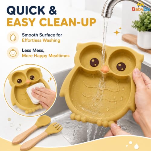 Image of BabyGo Silicone Suction Plate for Babies & Toddlers | 3-Section Owl-Shaped Feeding Set | Strong Suction Cups | BPA-Free, Microwave Safe | Self-Feeding| 1 Plate & 2 Spoons | Yellow