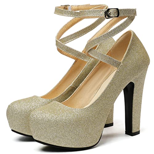 KISSASA Womens Glitter High Heels Cross Strap Round Toe Platform Ankle Strap Pumps Chunky Heel Wedding Party Shoes3