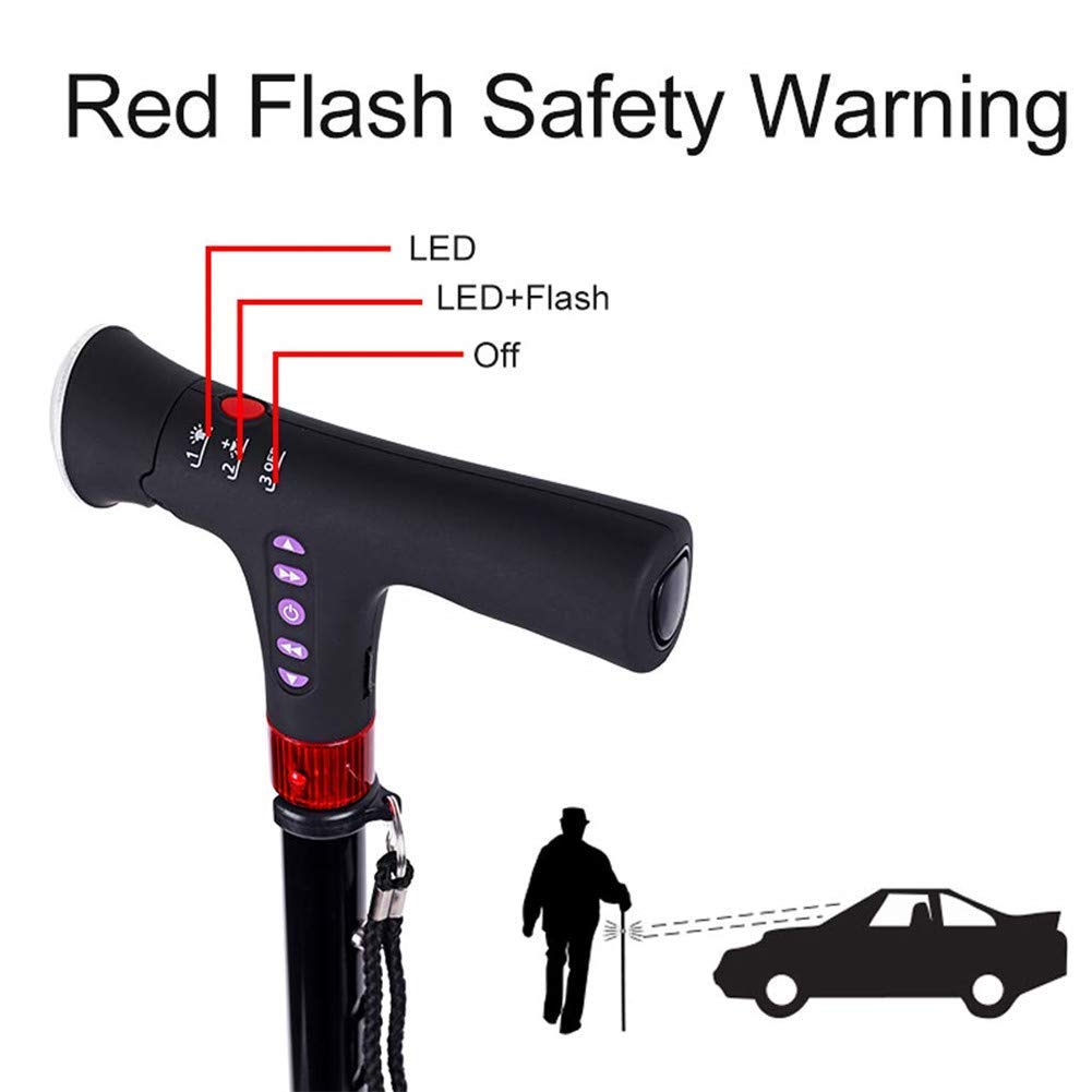 SGSG Bastón Inteligente con luz LED, Alarma de Seguridad, Dos Asas: Plegable, Ajustable de 79-89 cm, bastón Ligero para Hombres o Mujeres Bastón Inteligente, para discapacitados y ancia