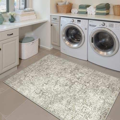 3x5 Area Rug Washable Vintage Neutral Entryway Living Room Carpet Indoor Office Non Slip Taupe Entrance Distressed Low Pile Retro Accent Throw Rug for Dining Room Bathroom Bedroom Laundry