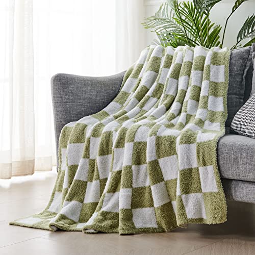 Image of BRICHOEE Throw Blankets Checkered Reversible Microfiber Blankets, Super Soft Warm Cozy Fluffy Blankets for Couch Bed Sofa Camping Travel (Green, 51"x63")