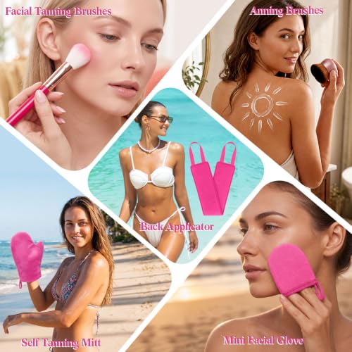 Image of 6pcs Self Tanning Mitt Applicator Kit Including Self Tanning Mitt and Brush, Body Brush, Back Applicator, Mini Facial Glove, Facial Tool, Exfoliating Glove (Rose Red)