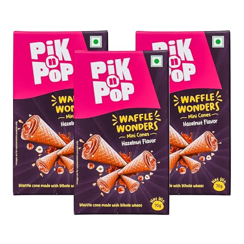 Image of Pik n Pop Hazelnut Mini Waffle Cones, Crispy Cones with Creamy Hazelnut Filling, Whole Wheat, Non-Meltable Ready-to-Eat Snack, 100% Eggless, 70g (Pack of 3)