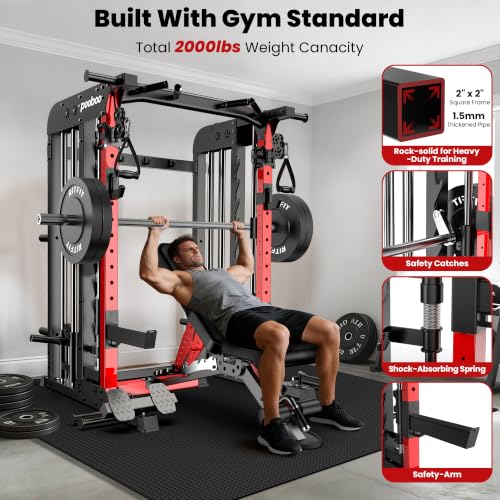 Image of pooboo Power Cage Smith Machine with 2000LB Squat Rack Cable System | LAT Pulldown and Dual Pulley Cable Crossover with All-in-One Home Gym Machine, Adjustable Stations and Training Attachments