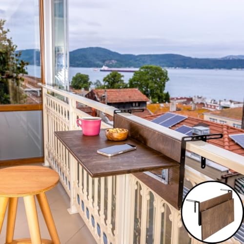 Balcony Bar Table for Railings, Outdoor Folding Deck Rail Table for Patio, Balcony Hanging Desk for Many Railings Compatible, Wooden Bar Serving Table for Porch (Walnut, M: 31.5 x 11.8 inches)
