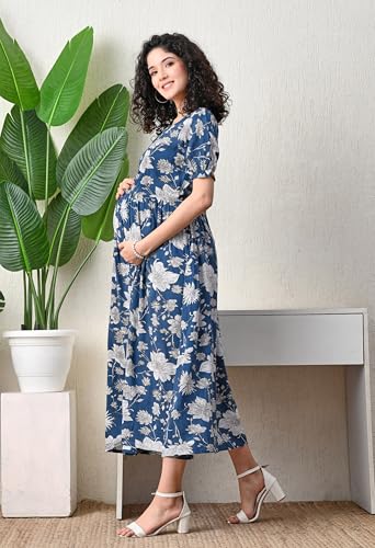 Image of Ichaa Women's Aqua Rayon Printed Maternity Dress with Feeding Zips and Pocket, in Plus Sizes