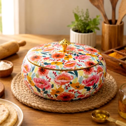 Image of Handcrafted Premium Wooden Roti Casserole, Chapati Box, Hotpot roti Box, Roti Dabba, Wooden Roti Box with Gold Embossed Knob (8.75 x 8.75 x 3.75 Inch)