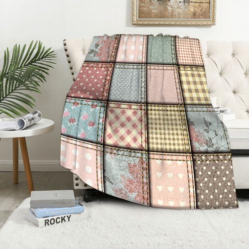 MAAPCHP Coperta Pile Blanket Shabby Chic, Patchwork Denim Seam Stitches Squa Coperta di Flanella Coperta per Adulti per Bambini Caldo Divano per Il Tempo Libero Sedia Soffice Coperta Soffice76x100cm