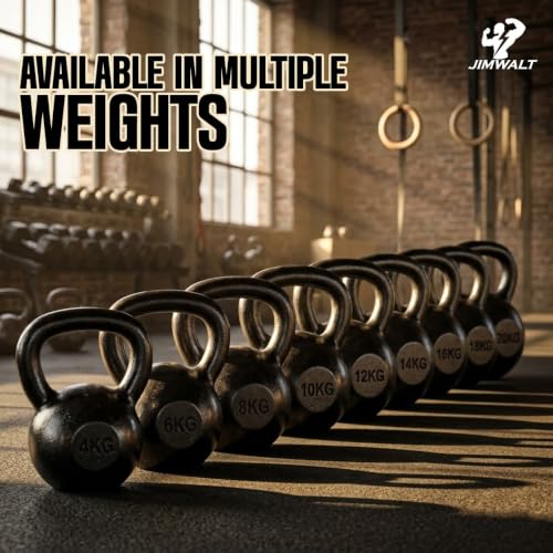 Image of Jimwalt Powder Coated Kettlebell Weight - Cast Iron, Anti-Slip Grip, Rust Resistant | Strength Training, Cross Training, Functional Fitness Equipment (Powder Coated 12KG)