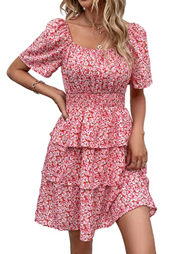 Image of PRETTYGARDEN Women's Summer Floral Ruffle Short Dress | Short Sleeve Square Neck, Flowy Tiered Hem, Fit and Flare, Flower Boho Dresses, Cute Beach Vacation Outfits, Fashion Clothing