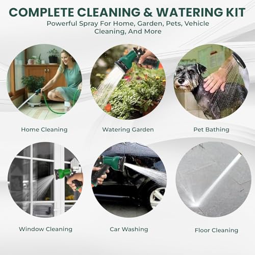 Image of Amazon Basics 5M, 0.5 Inch Braided PVC Garden Hose Pipe with 8 Pattern Spray Gun with 4 Clamps and tap Adaptor - Green | Heavy Duty Water Pipe for Garden, Car Washing, Garden Pipe for Home