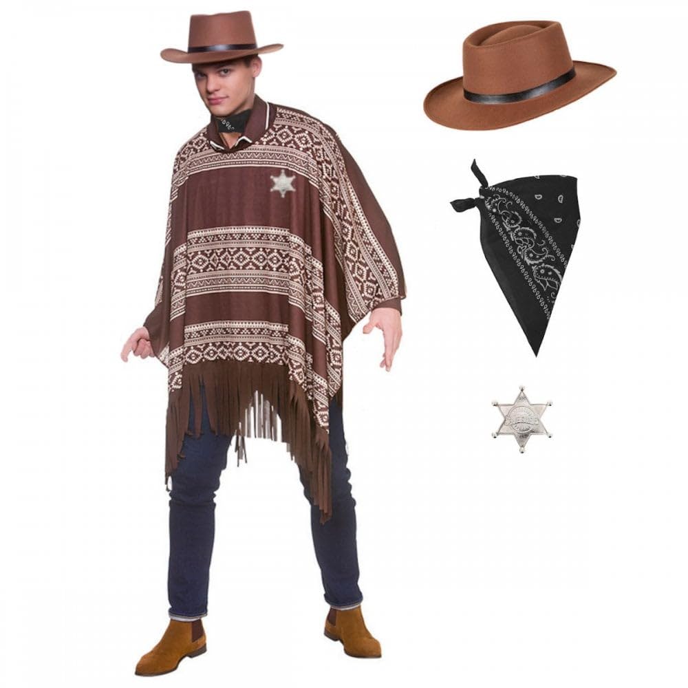 Titch & Timbo Western Cowboy Poncho + Gunslinger Hat & Black Bandana & Accessory Options : Mens Adult Wild West Drifter Gunman Fancy Dress Costume Set (Poncho, Hat, Bandana, Badge)