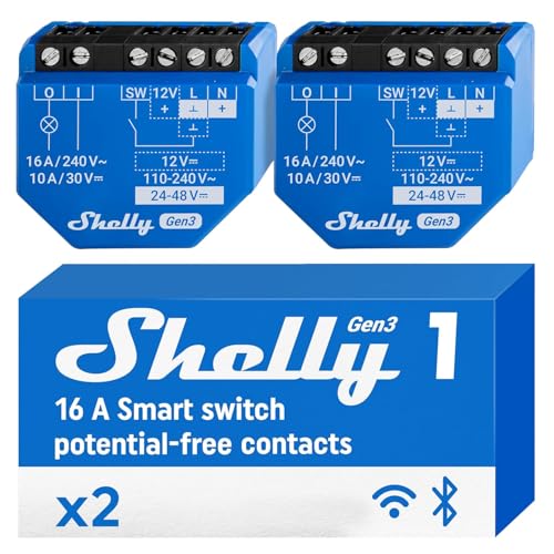 Shelly 1 Gen3 - Wi-Fi & Matter Interruttore Intelligente Relé, 1 Canale, 16А, Contatto Pulito, Controllo Remoto e Automazione, Porta del Garage, Nessun Hub Richiesto, Alexa, Google Home (2 Pezzi)
