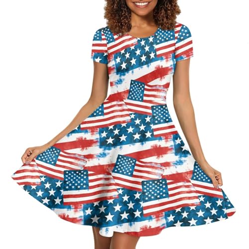 Image of HUGS IDEA Womens Puffy Swing Midi Dress Round Neck Short Sleeve Party A-Line Dresses