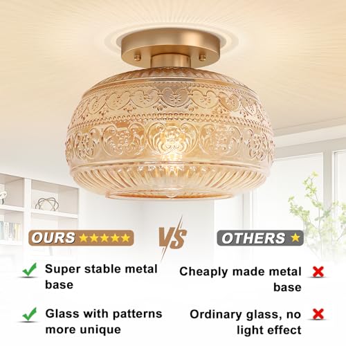 Semi Flush Mount Ceiling Light Fixture, 11" Vintage Gold Hallway Lights Fixture Ceiling with Amber Glass for Kitchen, Hallway, Bathroom and Entry Way,Compatible with E26 Light Bulb