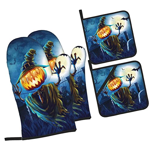 Funny Pumpkin Scarecrow Printed Oven Mitts And Pot Holders Heat Resistant Potholders Oven Gloves And Pad For Baking Kitchen Grilling - 4 Set #TOP1