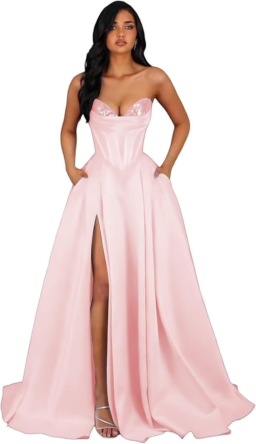 Sweetheart A line Prom Dress with Slit for Women Sparkly Sequins Satin Corset Formal Evening Dresses