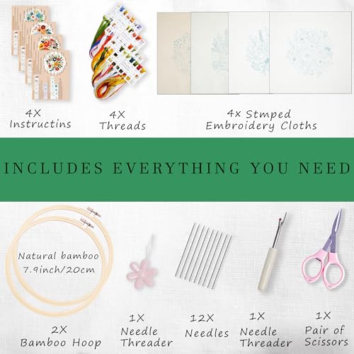 Image of SevFan 4 Sets Embroidery Kit for Beginners Adults,Needlepoint Kits for Adults with Easy Stamped Floral Pattern Fabric Hand Crafts,Bamboo Hoop,Needle,Cloth,Embroidery Kit for Decor Home Room(Flower-4)