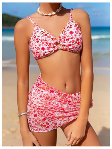 Image of OYOANGLE Girl's 3 Piece Bikini Sets Floral Print Spaghetti Straps Cute Swimsuits with Beach Skirt Bathing Suits